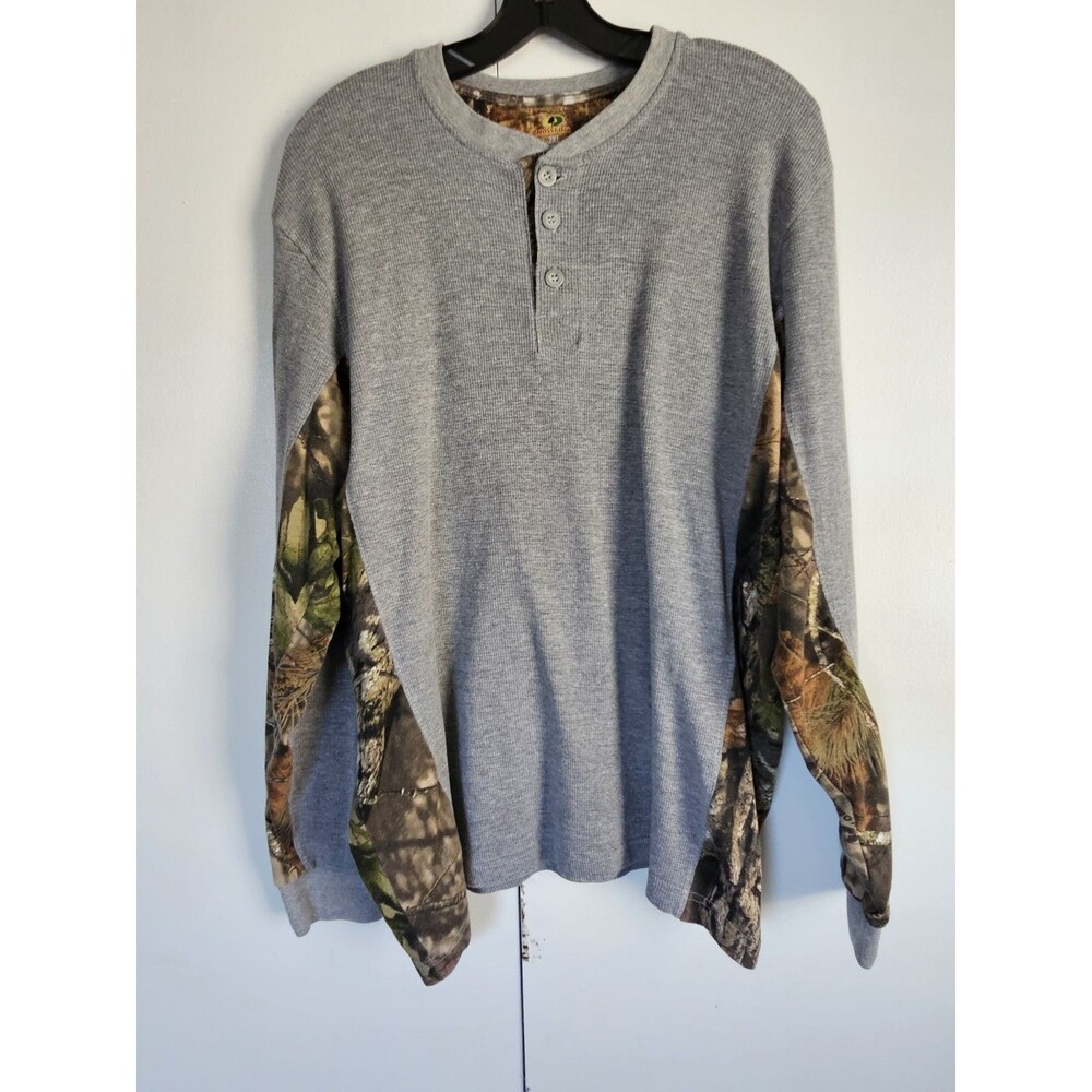 Mossy Oak Thermal Henley Shirt Mens 2XL Gray Camo Waffle Knit Hunting